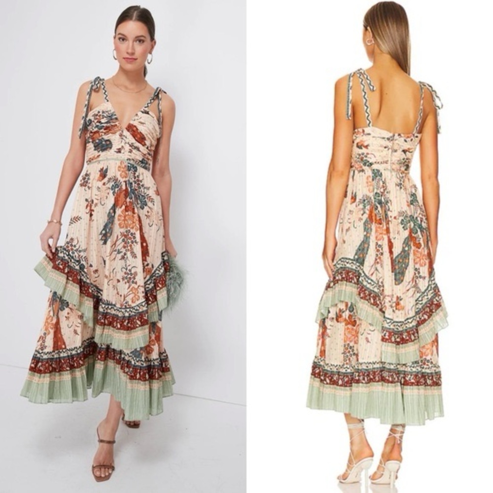 Ulla Johnson Cream and Green Ruffled Tie Front Midi Dress